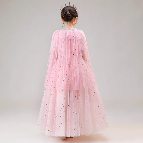 Frozen Costume Blushing Pink Birthday Flower Girl Dresses With Shawl 2020 Princess Square Neckline Short Sleeve Rhinestone Sequins Floor-Length / Long Ruffle