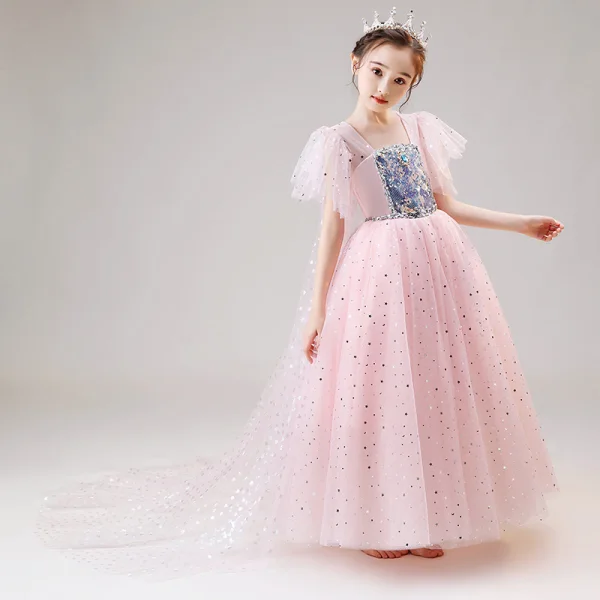 Frozen Costume Blushing Pink Birthday Flower Girl Dresses With Shawl 2020 Princess Square Neckline Short Sleeve Rhinestone Sequins Floor-Length / Long Ruffle