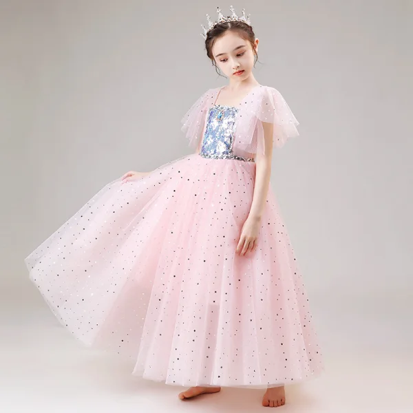 Frozen Costume Blushing Pink Birthday Flower Girl Dresses With Shawl 2020 Princess Square Neckline Short Sleeve Rhinestone Sequins Floor-Length / Long Ruffle