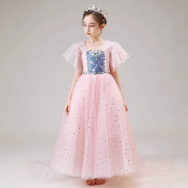 Frozen Costume Blushing Pink Birthday Flower Girl Dresses With Shawl 2020 Princess Square Neckline Short Sleeve Rhinestone Sequins Floor-Length / Long Ruffle