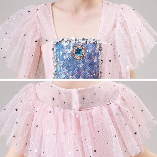Frozen Costume Blushing Pink Birthday Flower Girl Dresses With Shawl 2020 Princess Square Neckline Short Sleeve Rhinestone Sequins Floor-Length / Long Ruffle
