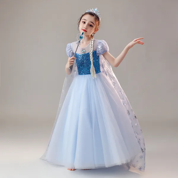 Frozen Costume Sky Blue Birthday Flower Girl Dresses 2020 Ball Gown See-through Scoop Neck Puffy Short Sleeve Rhinestone Sequins Floor-Length / Long Ruffle