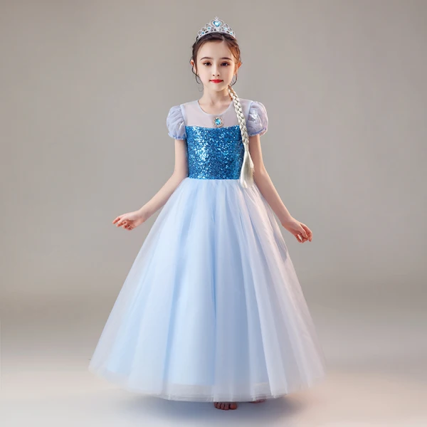 Frozen Filmdräkt Himmelsblå Födelsedag Brudnäbbsklänning 2020 Balklänning Genomskinliga Urringning Pösigt Korta ärm Rhinestone Paljetter Långa Ruffle