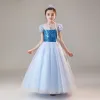 Frozen Filmdräkt Himmelsblå Födelsedag Brudnäbbsklänning 2020 Balklänning Genomskinliga Urringning Pösigt Korta ärm Rhinestone Paljetter Långa Ruffle