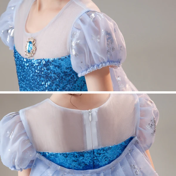 Frozen Filmdräkt Himmelsblå Födelsedag Brudnäbbsklänning 2020 Balklänning Genomskinliga Urringning Pösigt Korta ärm Rhinestone Paljetter Långa Ruffle