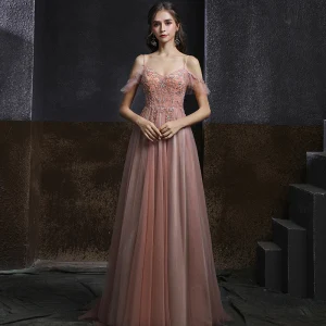 Elegant Pearl Pink Dancing Prom Dresses 2020 A Line Princess Spaghetti Straps Short Sleeve Rhinestone Beading Floor Length Long Ruffle Backless Formal Dresses