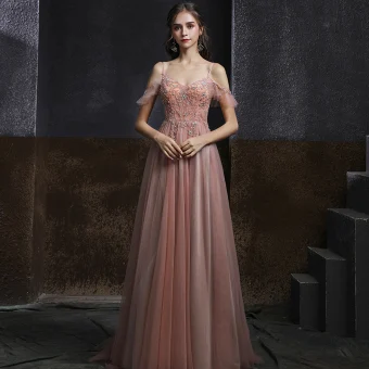 Elegant Pearl Pink Dancing Prom Dresses 2020 A Line Princess Spaghetti Straps Short Sleeve Rhinestone Beading Floor Length Long Ruffle Backless Formal Dresses