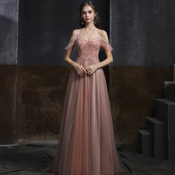 Elegant Pearl Pink Dancing Prom Dresses 2020 A Line Princess Spaghetti Straps Short Sleeve Rhinestone Beading Floor Length Long Ruffle Backless Formal Dresses