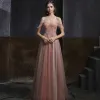 Élégant Perle Rose Dansant Robe De Bal 2020 Princesse Bretelles Spaghetti Manches Courtes Faux Diamant Perlage Longue Volants Dos Nu Robe De Ceremonie