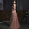 Élégant Perle Rose Dansant Robe De Bal 2020 Princesse Bretelles Spaghetti Manches Courtes Faux Diamant Perlage Longue Volants Dos Nu Robe De Ceremonie
