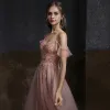Elegant Pearl Pink Dancing Prom Dresses 2020 A-Line / Princess Spaghetti Straps Short Sleeve Rhinestone Beading Floor-Length / Long Ruffle Backless Formal Dresses
