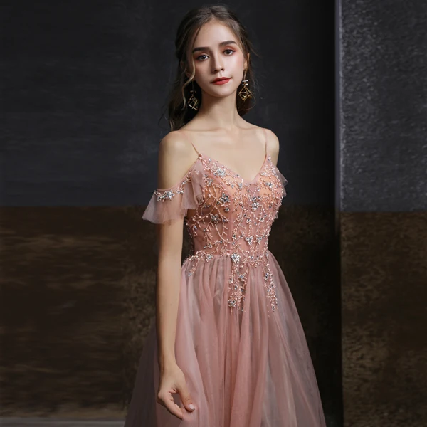Elegant Pearl Pink Dancing Prom Dresses 2020 A-Line / Princess Spaghetti Straps Short Sleeve Rhinestone Beading Floor-Length / Long Ruffle Backless Formal Dresses