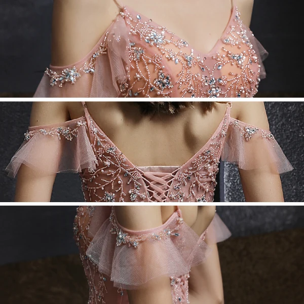 Elegant Pearl Pink Dancing Prom Dresses 2020 A-Line / Princess Spaghetti Straps Short Sleeve Rhinestone Beading Floor-Length / Long Ruffle Backless Formal Dresses