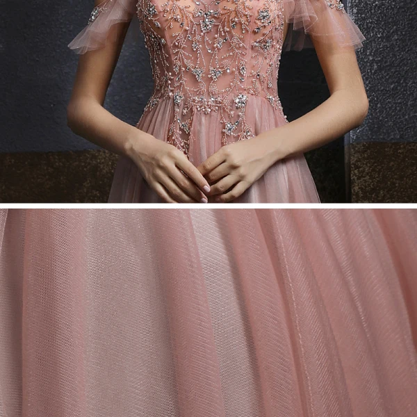 Elegant Pearl Pink Dancing Prom Dresses 2020 A-Line / Princess Spaghetti Straps Short Sleeve Rhinestone Beading Floor-Length / Long Ruffle Backless Formal Dresses