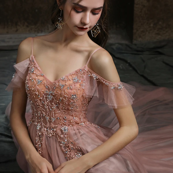 Elegant Pearl Pink Dancing Prom Dresses 2020 A-Line / Princess Spaghetti Straps Short Sleeve Rhinestone Beading Floor-Length / Long Ruffle Backless Formal Dresses