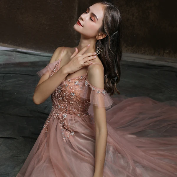 Elegant Pearl Pink Dancing Prom Dresses 2020 A-Line / Princess Spaghetti Straps Short Sleeve Rhinestone Beading Floor-Length / Long Ruffle Backless Formal Dresses