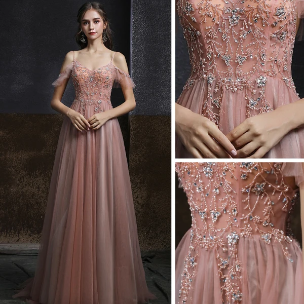 Elegant Pearl Pink Dancing Prom Dresses 2020 A-Line / Princess Spaghetti Straps Short Sleeve Rhinestone Beading Floor-Length / Long Ruffle Backless Formal Dresses