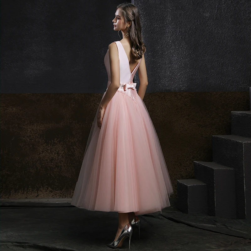Classic Blushing Pink Satin Homecoming Graduation Dresses 2020 A Line  Princess Scoop Neck Sleeveless Beading Sash Tea Length Backless Formal  Dresses