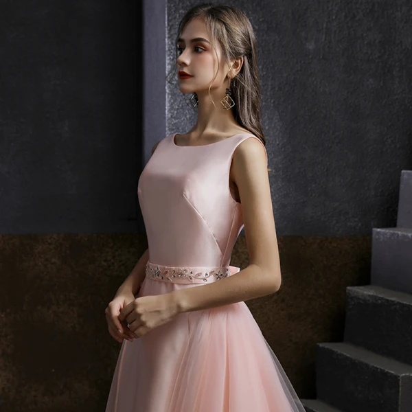 Classic Blushing Pink Satin Homecoming Graduation Dresses 2020 A-Line / Princess Scoop Neck Sleeveless Beading Sash Tea-length Backless Formal Dresses
