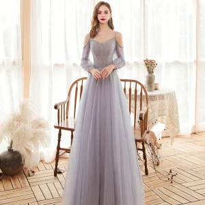 Victorian Style Grey Dancing Prom Dresses 2020 A Line Princess Spaghetti Straps Puffy Long Sleeve Beading Floor Length Long Ruffle Backless Formal Dresses