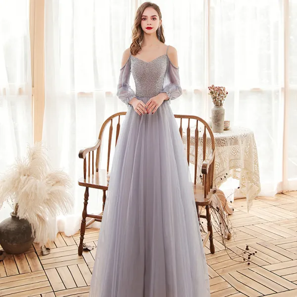 Victorian Style Grey Dancing Prom Dresses 2020 A-Line / Princess Spaghetti Straps Puffy Long Sleeve Beading Floor-Length / Long Ruffle Backless Formal Dresses