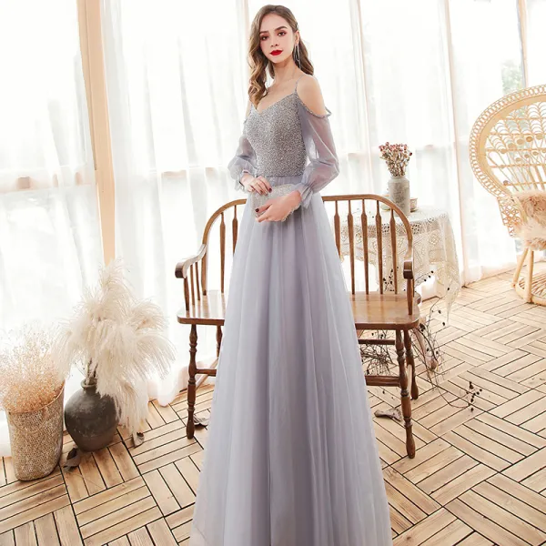 Victorian Style Grey Dancing Prom Dresses 2020 A Line Princess Spaghetti Straps Puffy Long Sleeve Beading Floor Length Long Ruffle Backless Formal Dresses