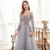 Victorian Style Grey Dancing Prom Dresses 2020 A-Line / Princess Spaghetti Straps Puffy Long Sleeve Beading Floor-Length / Long Ruffle Backless Formal Dresses