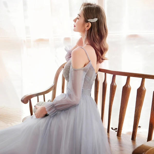 shein formal dresses with sleeves sale Flowy Long A-Line Prom Dress with Sheer Lace-Up Corset Dusty Blue / 10 main image 0