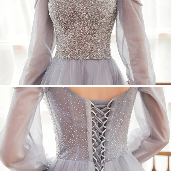 Victorian Style Grey Dancing Prom Dresses 2020 A-Line / Princess Spaghetti Straps Puffy Long Sleeve Beading Floor-Length / Long Ruffle Backless Formal Dresses