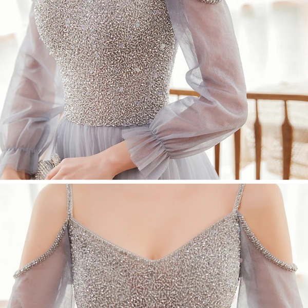 Victorian Style Grey Dancing Prom Dresses 2020 A-Line / Princess Spaghetti Straps Puffy Long Sleeve Beading Floor-Length / Long Ruffle Backless Formal Dresses