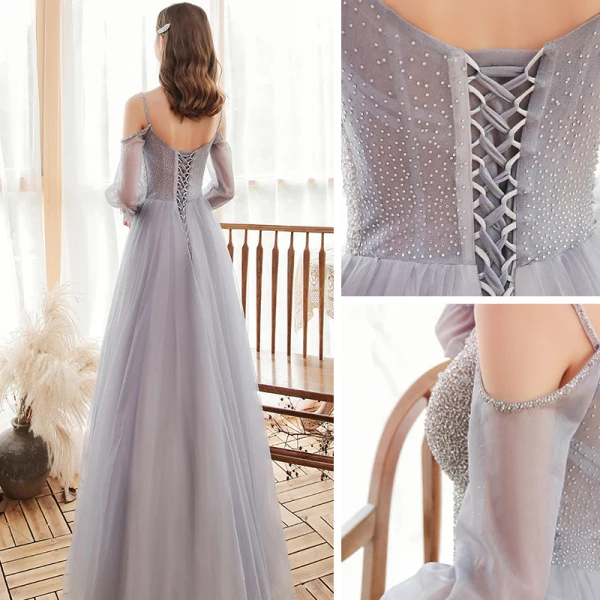 Victorian Style Grey Dancing Prom Dresses 2020 A-Line / Princess Spaghetti Straps Puffy Long Sleeve Beading Floor-Length / Long Ruffle Backless Formal Dresses