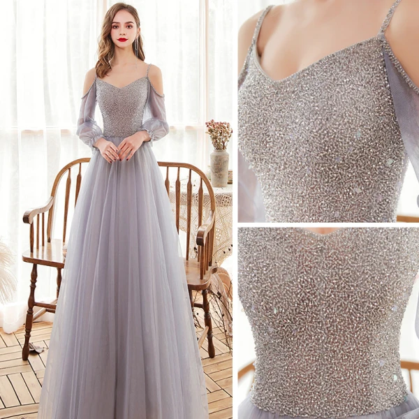 Victorian Style Grey Dancing Prom Dresses 2020 A-Line / Princess Spaghetti Straps Puffy Long Sleeve Beading Floor-Length / Long Ruffle Backless Formal Dresses