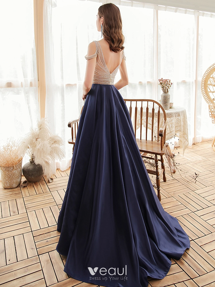 Navy blue best sale dress with train