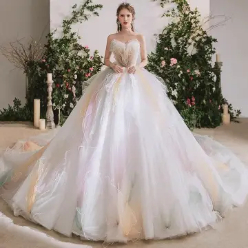 Rainbow Multi Colors Bridal Wedding Dresses 2020 Ball Gown Sweetheart Sleeveless Backless Cathedral Train Ruffle