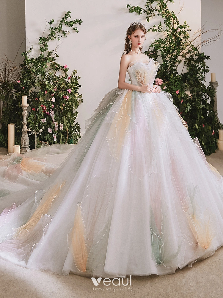 Arc en ciel Multi Couleurs La Mariee Robe De Mariee 2020 Robe Boule Amoureux Sans Manches Dos Nu Cathedral Train Volants