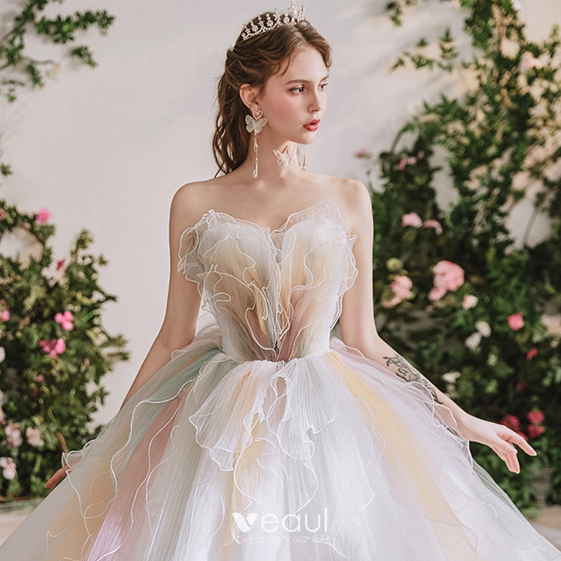 Arc en ciel Multi Couleurs La Mariee Robe De Mariee 2020 Robe Boule Amoureux Sans Manches Dos Nu Cathedral Train Volants