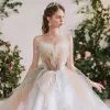 Regnbåge Multi-Färger Brud Bröllopsklänningar 2020 Balklänning Älskling Ärmlös Halterneck Cathedral Train Ruffle