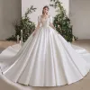 Stunning Ivory Satin Bridal Wedding Dresses 2020 Ball Gown Square Neckline Puffy Short Sleeve Backless Beading Cathedral Train Ruffle