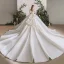 Atemberaubend Ivory / Creme Satin Hochzeits Brautkleider / Hochzeitskleider 2020 Ballkleid Eckiger Ausschnitt Geschwollenes Kurze Ärmel Rückenfreies Perlenstickerei Kathedrale Schleppe Rüschen