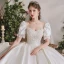 Atemberaubend Ivory / Creme Satin Hochzeits Brautkleider / Hochzeitskleider 2020 Ballkleid Eckiger Ausschnitt Geschwollenes Kurze Ärmel Rückenfreies Perlenstickerei Kathedrale Schleppe Rüschen