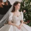 Atemberaubend Ivory / Creme Satin Hochzeits Brautkleider / Hochzeitskleider 2020 Ballkleid Eckiger Ausschnitt Geschwollenes Kurze Ärmel Rückenfreies Perlenstickerei Kathedrale Schleppe Rüschen
