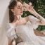 Atemberaubend Ivory / Creme Satin Hochzeits Brautkleider / Hochzeitskleider 2020 Ballkleid Eckiger Ausschnitt Geschwollenes Kurze Ärmel Rückenfreies Perlenstickerei Kathedrale Schleppe Rüschen