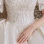 Atemberaubend Ivory / Creme Satin Hochzeits Brautkleider / Hochzeitskleider 2020 Ballkleid Eckiger Ausschnitt Geschwollenes Kurze Ärmel Rückenfreies Perlenstickerei Kathedrale Schleppe Rüschen