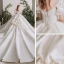 Atemberaubend Ivory / Creme Satin Hochzeits Brautkleider / Hochzeitskleider 2020 Ballkleid Eckiger Ausschnitt Geschwollenes Kurze Ärmel Rückenfreies Perlenstickerei Kathedrale Schleppe Rüschen