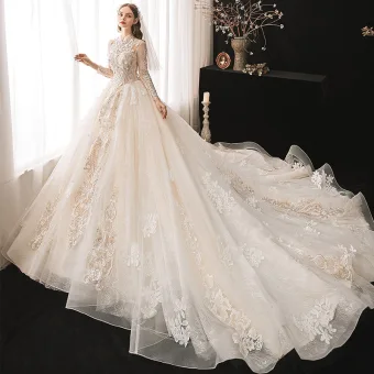 Vintage Elfenben Bryllups Brudekjoler 2020 Ballkjole Gjennomsiktig Høy Hals Langermede Ryggløse Appliques Blonder Beading Cathedral Train Buste