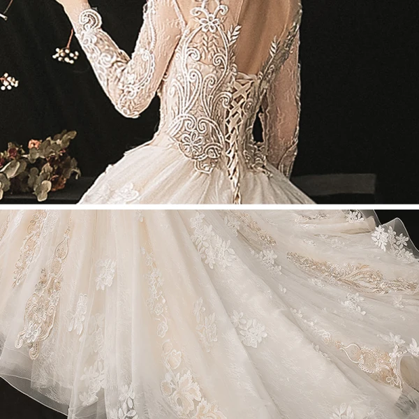 Vintage / Retro Ivory Bridal Wedding Dresses 2020 Ball Gown See-through High Neck Long Sleeve Backless Appliques Lace Beading Cathedral Train Ruffle
