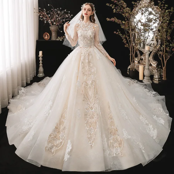 Vintage / Retro Ivory Bridal Wedding Dresses 2020 Ball Gown See-through High Neck Long Sleeve Backless Appliques Lace Beading Cathedral Train Ruffle