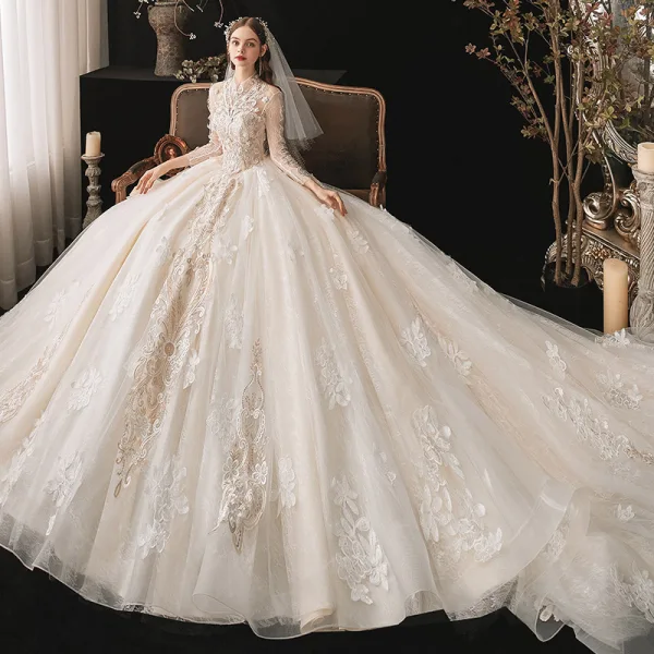 Vintage / Retro Ivory Bridal Wedding Dresses 2020 Ball Gown See-through High Neck Long Sleeve Backless Appliques Lace Beading Cathedral Train Ruffle