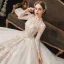 Vintage / Retro Ivory Bridal Wedding Dresses 2020 Ball Gown See-through High Neck Long Sleeve Backless Appliques Lace Beading Cathedral Train Ruffle