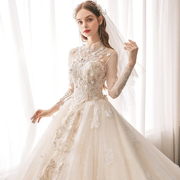 Vintage / Retro Ivory Bridal Wedding Dresses 2020 Ball Gown See-through High Neck Long Sleeve Backless Appliques Lace Beading Cathedral Train Ruffle